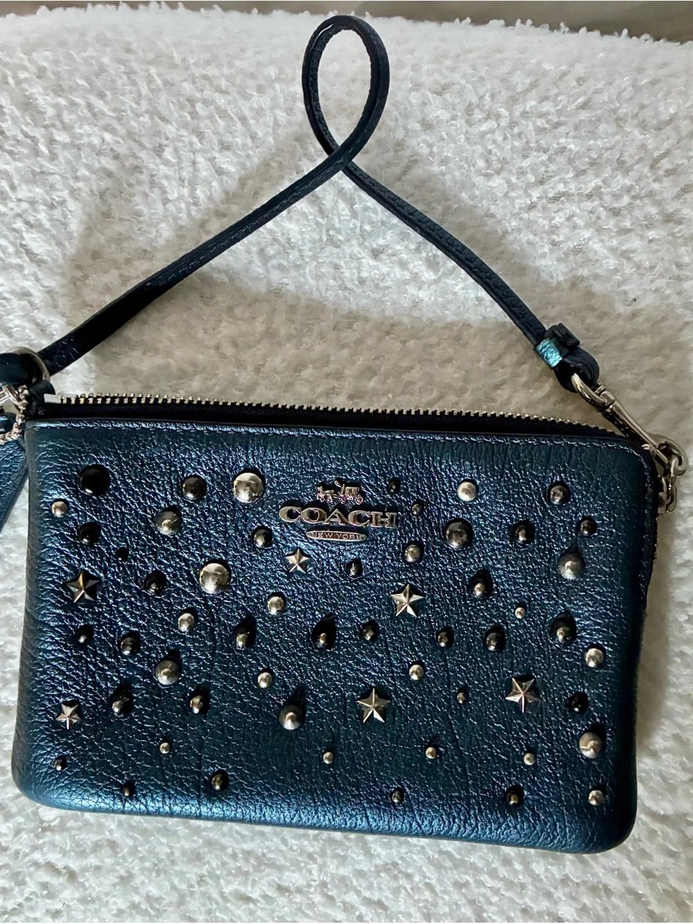 COACH Metallic Teal Blue Studded Leather Wristlet
